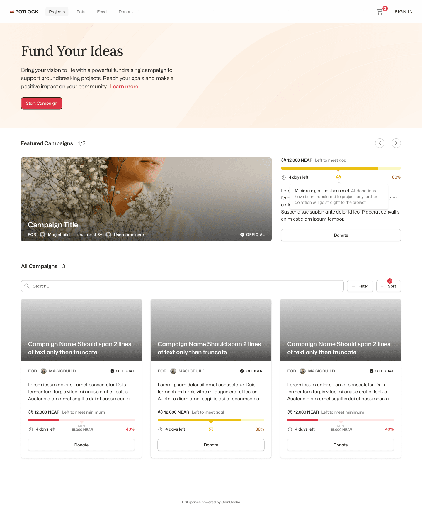 Campaign page on POTLOCK