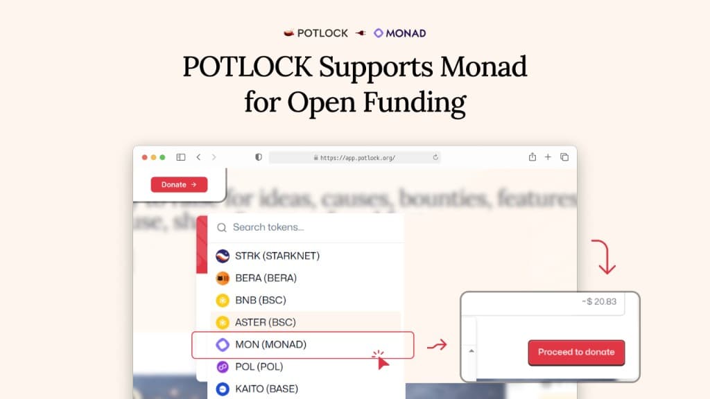 POTLOCK Supports Monad for Open Funding - donation flow with MON token selection and Proceed to donate